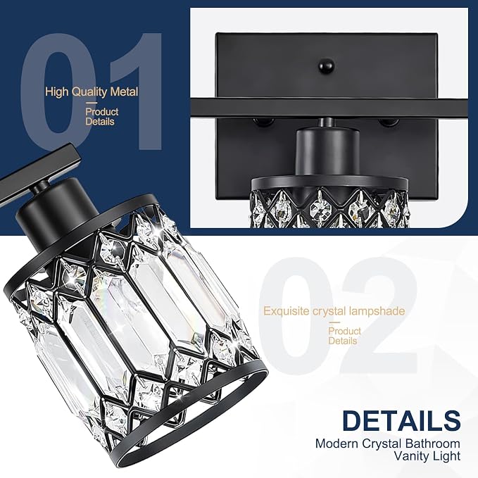 Crystal Modern Bathroom Light Fixtures, 5-Light Black Bathroom Vanity Wall Light, Vanity Lights for Mirror, Restroom, Bedroom (E26 Socket, Bulbs Not Included)
