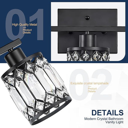 Crystal Modern Bathroom Light Fixtures, 5-Light Black Bathroom Vanity Wall Light, Vanity Lights for Mirror, Restroom, Bedroom (E26 Socket, Bulbs Not Included)