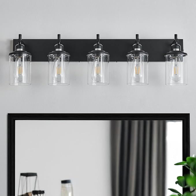 5-Light Black Bathroom Light Fixture Over Mirror Modern Farmhouse Bathroom Vanity Light Vintage Wall Lighting with Clear Glass Shade for Bathroom, Bedroom, Hallway, Cabinet
