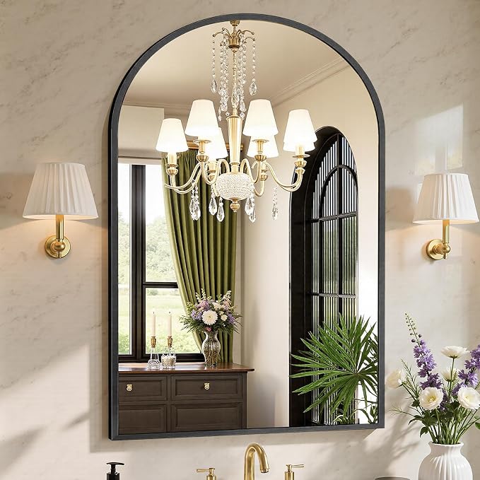 Sweetcrispy 30x40 Bathroom Mirrors for Wall, Arched Mirror for Over Sink | Metal Framed HD Shatter-Proof Glass, Decor Wall Mirror for Entryway, Living Room, Bedroom, Black