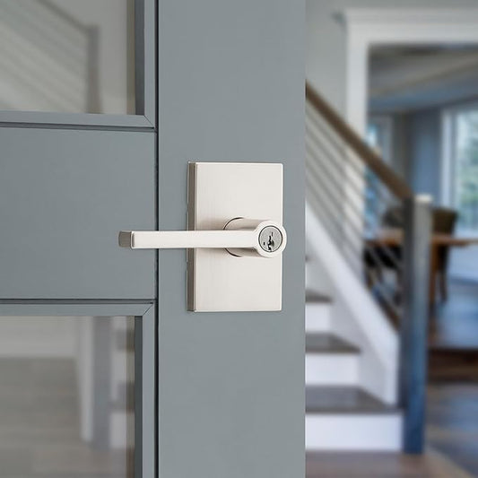 Kwikset Halifax Entry Door Handle with Lock and Key, Secure Keyed Reversible Lever Exterior, for Front Entrance and Bedrooms, Satin Nickel, Pick Resistant Smartkey Rekey Security and Microban