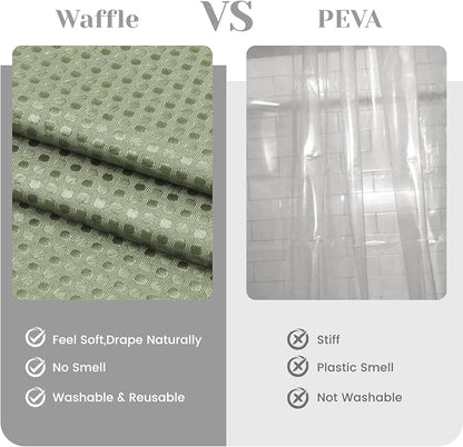 SORTTO No Hook Shower Curtain with Snap in Liner Set Waffle Shower Curtain for Bathroom Hotel Style Fabric Waterproof Inner Liner，54" W x 80" H, Sage Green