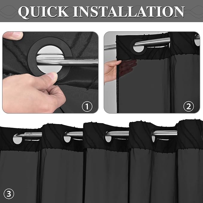 Yinhua No Hook Shower Curtain with Snap in Liner Set, 71" W×74" L, Black | Hotel Style with See Through Top Window, Washable Waterproof, Tufted Textured, Hookless Curtain for Bathroom Bathtub