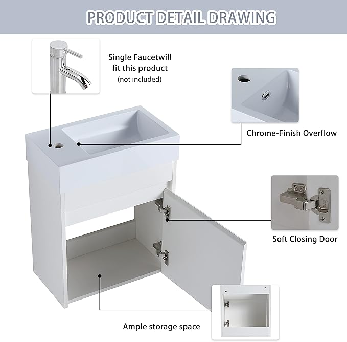 18 Inch Small Bathroom Vanity with Sink, 18" Floating Bathroom Vanity for Small Space, Wall Mounted Cabinet Set with Resin Basin Sink, Soft Close Door (WSG, 005-18" W X 10" D)