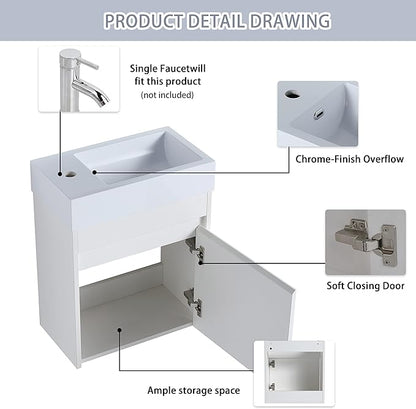 18 Inch Small Bathroom Vanity with Sink, 18" Floating Bathroom Vanity for Small Space, Wall Mounted Cabinet Set with Resin Basin Sink, Soft Close Door (WSG, 005-18" W X 10" D)