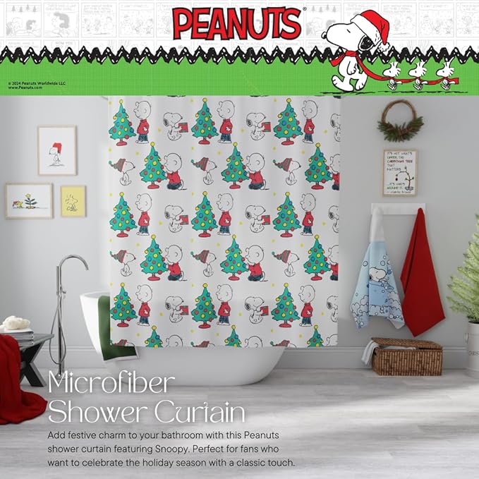 Peanuts Holiday Christmas 13-Piece Shower Curtain Set, 72 x 72 Inch Fabric Curtain with Hooks, Bathroom Decor, Machine Washable, (100% Officially Licensed Product) by Franco Collectibles