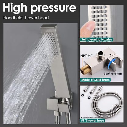 LED Spa Shower System Rainfall Waterfall with Handheld, Brushed Nickel | 20x14-Inch Luxury 2 Modes Showerhead with Ligh t Remote Control, 3 Way Mixer Valve