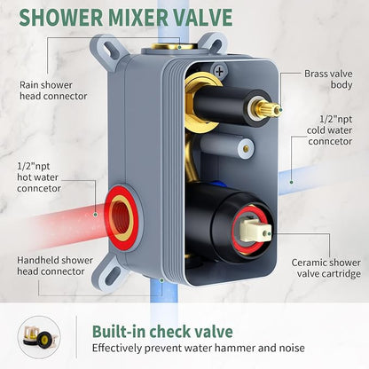 SunCleanse Rainfall Shower Faucet Set with High Pressure in Matte Black | Ceiling mounted shower combo set featuring a 10" rainfall shower head, handheld spray, and rough-in shower valve.
