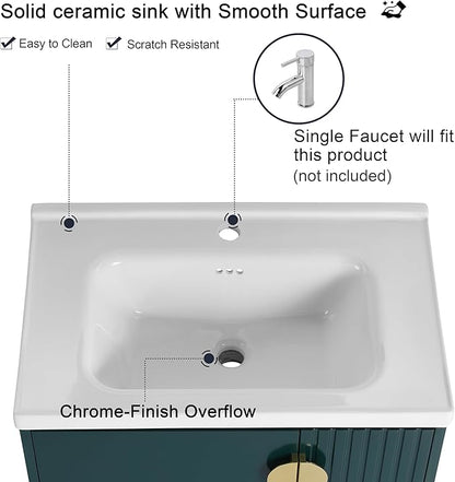 Malwee 28" Floating Bathroom Vanity with Sink, 28 Inch Single Sink Wall Mounted Bathroom Vanity, with 2 Doors and White Ceramic Basin Top, Green Cabinet Set with 3 Color Handles (081-28)