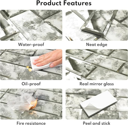 Peel and Stick Beveled Sliver Antique Mirror Tile Subway Mirror Glass Backsplash 3x6 Inch for Kitchen Bathroom Wall