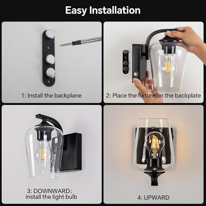 Battery Operated Wall Sconce, Rechargeable Magnetic Wall Lamp with Remote Control, Dimmable LED Bulb & Clear Glass Shade, Wireless Light for Bedroom Bathroom Hallway Farmhouse Decor