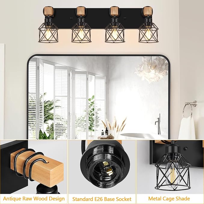 FadimiKoo 4-Light Bathroom Vanity Light Fixtures, Black Bathroom Lighting | Rustic Wood & Black Metal Shade, Wood Bathroom Lighting Fixtures Over Mirror, Wall Sconces for Bathroom Bedroom Living Room