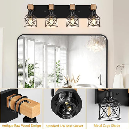 FadimiKoo 4-Light Bathroom Vanity Light Fixtures, Black Bathroom Lighting | Rustic Wood & Black Metal Shade, Wood Bathroom Lighting Fixtures Over Mirror, Wall Sconces for Bathroom Bedroom Living Room