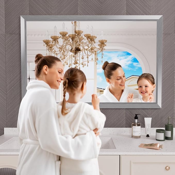 Bathroom Mirror for Wall, 50x36 Inch (Brushed Silver) | HD Reflection, Tempered Glass, Thick Metal Framed Rectangle Mirrors for Over Sink, Bedroom, Living Room, Entryway, Anti-Rust