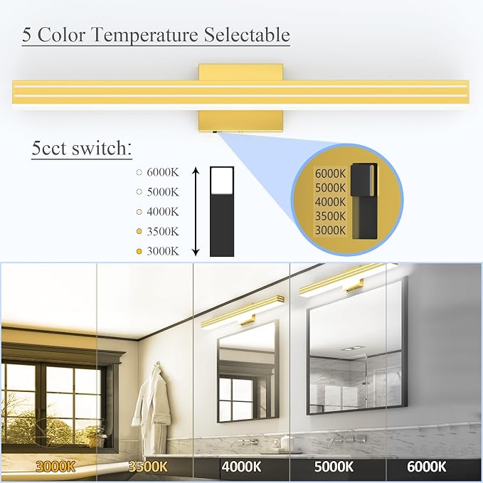 Ralbay 31.5inch Gold Vanity Light with 5 Color Temperature (2700K-6000K) Dimmable Acrylic Metal 30W LED Modern Matte Gold Bathroom Light Fixtures
