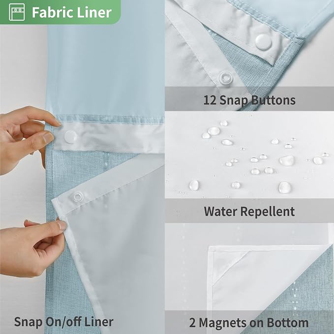 eachope No Hook Extra Long Shower Curtain Set with Snap-in Liner,Linen Textured Thick Striped Fabric with Tassels,Boho Chic Modern Farmhouse Bathroom Curtain,Water-Repellent,Fog Blue,71x86 | 330GSM Thick Linen Textured Striped Fabric with Tassels,Snap-...