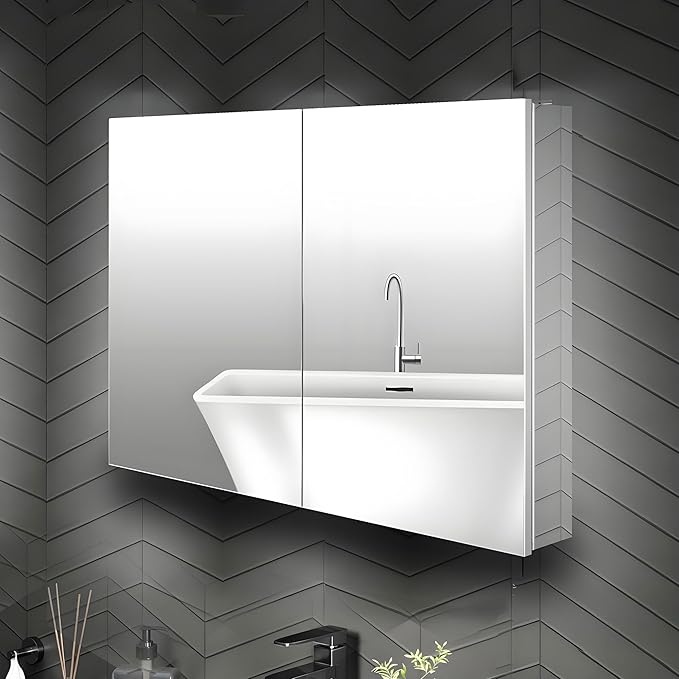 32 x 24 Medicine Cabinet Mirror for Bathroom,Assembly Required,Aluminum Alloy Frame,Surface-Mount Only,Mirrored Side Panel,Adjustable Shelves,Bathroom Medicine Cabinet with Mirror