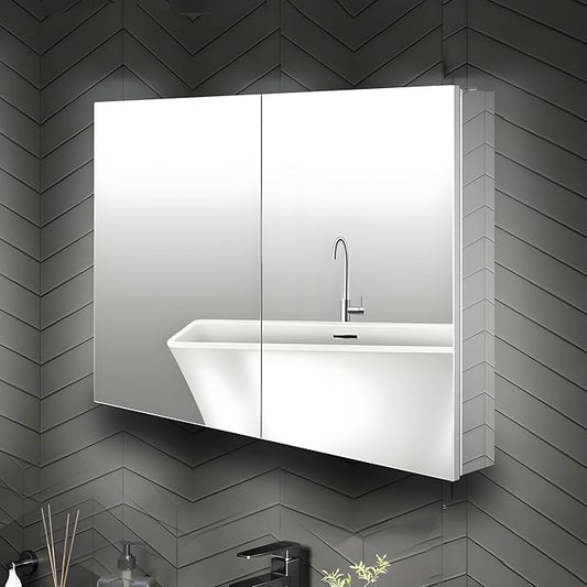 32 x 24 Medicine Cabinet Mirror for Bathroom,Assembly Required,Aluminum Alloy Frame,Surface-Mount Only,Mirrored Side Panel,Adjustable Shelves,Bathroom Medicine Cabinet with Mirror