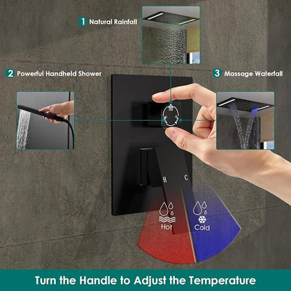 Matte Black LED Spa Shower System Rainfall Waterfall with Handheld | 20x14-Inch Luxury 2 Modes Showerhead with Ligh t Remote Control, 3 Way Mixer Valve