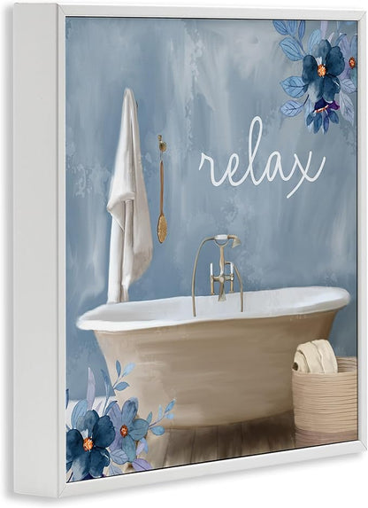 Blue Floral Bathroom Relax Scene, 12 x 12 Inch Framed Giclée Print | Stupell Industries · By Kim Allen · Ready to hang · Perfect for bath or laundry decor · Made in USA