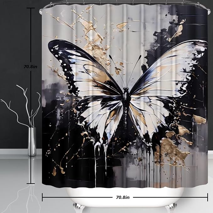 Chrainy 4pcs White Butterfly Shower Cutain Set Bathroom Decor with Rugs | Bath Accessories with Waterproof Curtain, Bath Mat, Toilet Lid Cover, U-Shaped Rug and 12 Hooks for Washroom, 71*71in