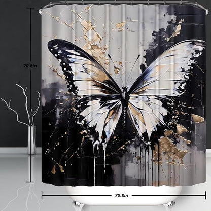 Chrainy 4pcs White Butterfly Shower Cutain Set Bathroom Decor with Rugs | Bath Accessories with Waterproof Curtain, Bath Mat, Toilet Lid Cover, U-Shaped Rug and 12 Hooks for Washroom, 71*71in
