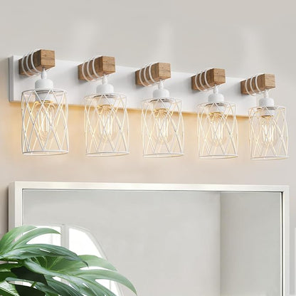 IZORRO Farmhouse Bathroom Vanity Light, 5-Light Wood Bathroom Light Fixtures Over Mirror, Matte White Industrial Vanity Lights with Metal Shade, Rustic Restroom Lighting Fixtures