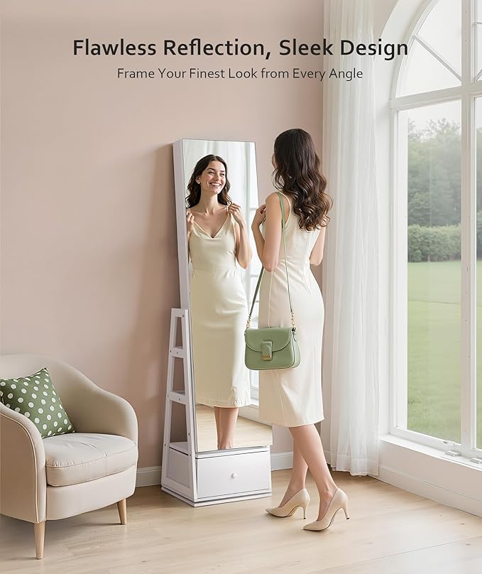Nicetree 360° Swivel Jewelry Cabinet, Full Length Mirror, Lockable | Rotatable Jewelry Armoire Organizer, Standing Mirror with Storage, 3 Rear Shelves + Bottom Drawer, Gift Idea, Pure White