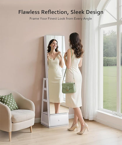Nicetree 360° Swivel Jewelry Cabinet, Full Length Mirror, Lockable | Rotatable Jewelry Armoire Organizer, Standing Mirror with Storage, 3 Rear Shelves + Bottom Drawer, Gift Idea, Pure White