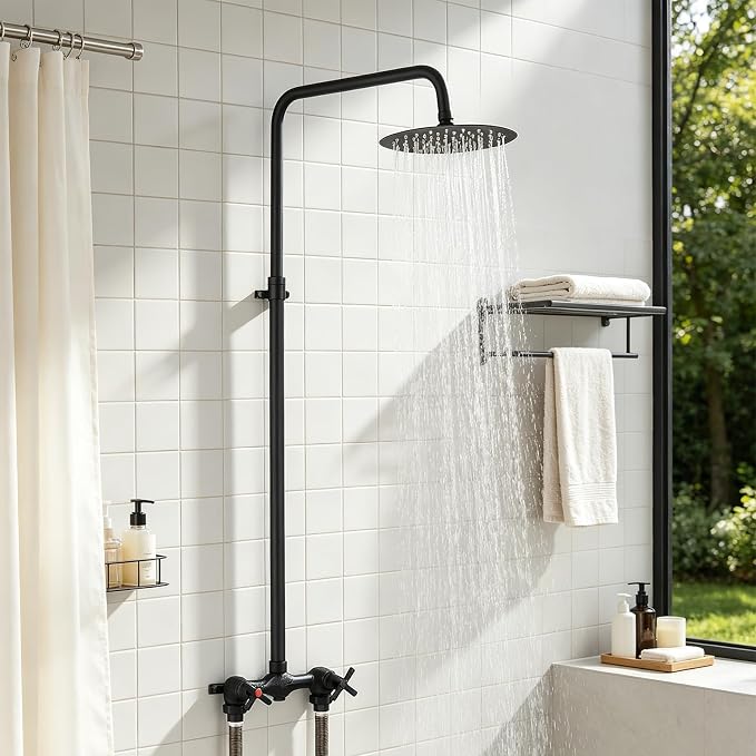 Outdoor Shower Kit with Matte Black 8 Inch Stainless Steel Rain Shower Head and Double-Handle Cross Handwheel,Adjustable Height Outdoor Shower Fixtures