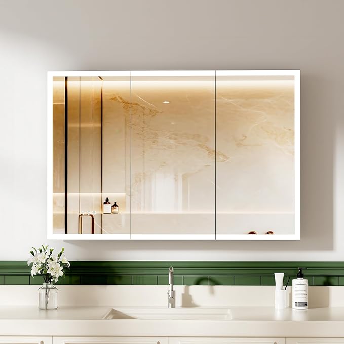 LED Lighted Medicine Cabinet with Mirror, 48x32 Inches, Recessed or Wall Mounted, Anti-Fog, 3 Color Temperature, Adjustable Brightness, Bathroom Storage Cabinet