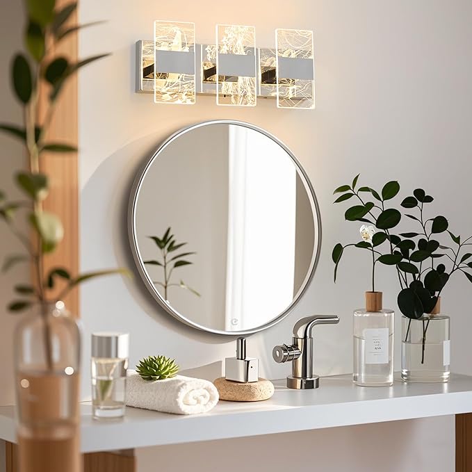 Modern LED Bathroom Light Fixtures Dimmable 3-Light Chrome Vanity Light, 5CCT Adjustable Lighting Fixture Vanity Lights Over Mirror, Smoked Acrylic LED Vanity Lights for Bathroom