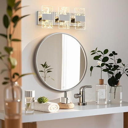Modern LED Bathroom Light Fixtures Dimmable 3-Light Chrome Vanity Light, 5CCT Adjustable Lighting Fixture Vanity Lights Over Mirror, Smoked Acrylic LED Vanity Lights for Bathroom