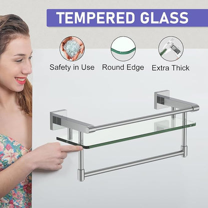 Glass Shelf for Bathroom 16 in Bathroom Shelves with Towel Bar Tempered Glass Shelves with Stainless Steel Towel Holder for Wall (Chrome Polished)