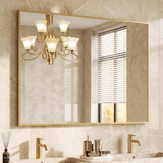 NEWBULIG Bathroom Wall Mirror, Vanity Mirror, 30x40 Inch | Rectangle Metal Frame, Tempered Glass, Over Sink Entryway, Living Room Hang, Horizontal or Vertical, Gold