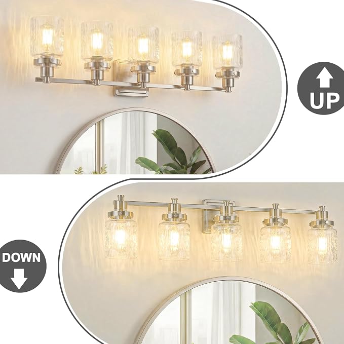 5 Light Bathroom Vanity Light Fixtures Modern Brushed Nickel | ETL Certificate, Easy to Install,Wall Mount Up or Down,Hammered Glass Lampshade,E26 Socket,Hardwired,120V