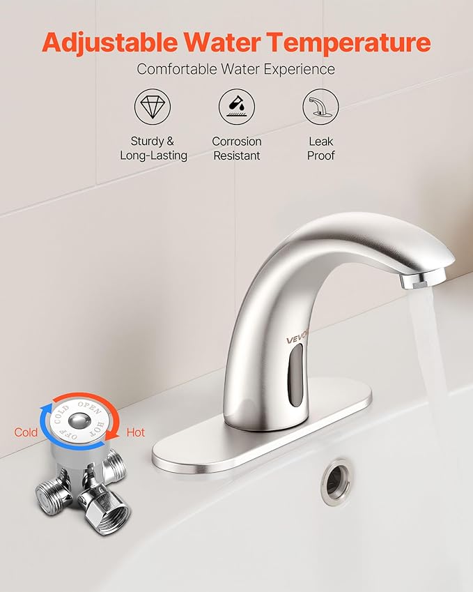 VEVOR Touchless Bathroom Sink Faucet, Automatic Motion Sensor Restroom Toilet Faucet with Hole Cover Plate, Battery Operated,Adjustable Temp for 9/16 in Pipe Commercial Lavatory,Brushed Nickel Silver
