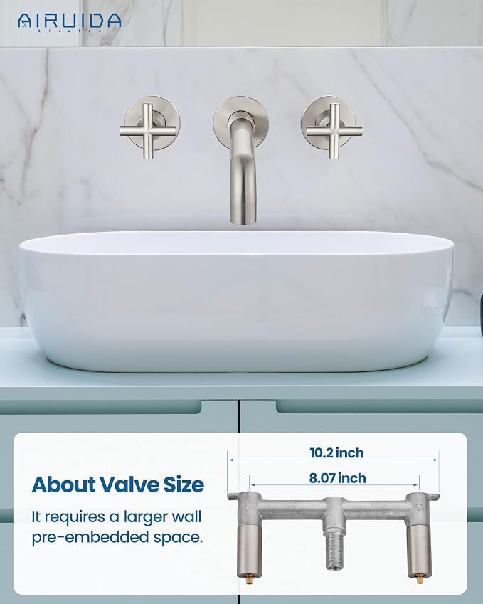 Airuida Solid Brass Brushed Nickel Wall Mount Bathroom Faucet | 360° Swivel Spout,Rough in Valve,2 Cross Handle,3 Hole,Widespread