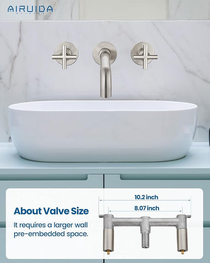 Airuida Solid Brass Brushed Nickel Wall Mount Bathroom Faucet | 360° Swivel Spout,Rough in Valve,2 Cross Handle,3 Hole,Widespread
