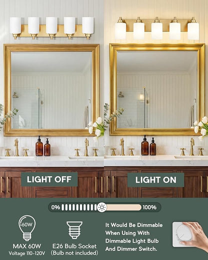 5-Light Bathroom Light Fixtures, 30 Inch Brushed Gold Vanity Light with Cylinder Milk White Glass Shade, Modern Vanity Lighting Fixtures Over Mirror, VL143-BG-ML-5