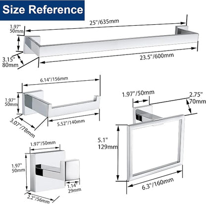 5 Pieces Bathroom Hardware Accessories Set Polished Chrome, 24Inch Bathroom Towel Rack Set SUS304 Stainless Steel, Square Bath Towel bar Set Wall Mounted, Heavy Duty