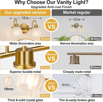 2-Light Bathroom Vanity Light, Brushed Gold Bathroom Light Fixtures with Ribbed Frosted Clear Tulip Glass Shades, Vanity Light Fixtures Over Mirror for Bedroom, Living Room, Hallway