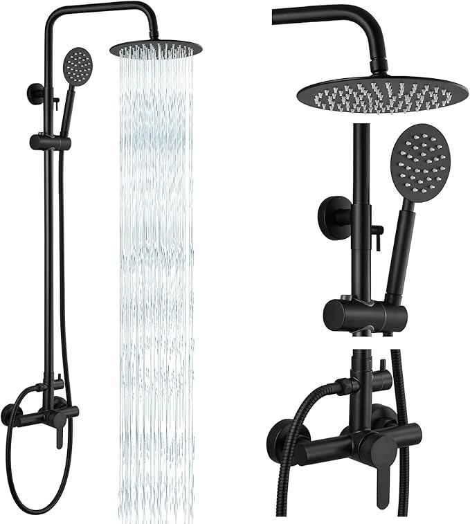 gotonovo Outdoor Shower 304 Stainless Steel, Mattte Black, Single Handle | Rain 8 Inch Outdoor Shower Head with Handheld Kit Fixtures System Faucet Set with Valve Wall Mount for Seaside Backyard Pool