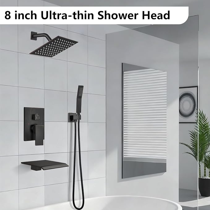 Midanya Shower System with Tub Spout,8 Inch Shower Head,Oil Rubbed Bronze | with Valve & Trim Kit,Square Rain Head,Handheld Sprayer,Waterfall Spout,All Metal Wall Mount Bathroom Shower Tub Faucet Set