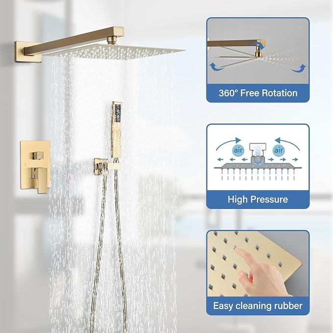 Shower Faucet Rain Shower System with 8 Inches Rainfall Shower Head and Handheld Spray Combo Bathroom Shower Faucet Set Complete Brushed Gold Shower Valve and Trim Kit Wall Mounted
