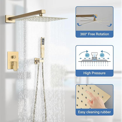 Shower Faucet Rain Shower System with 8 Inches Rainfall Shower Head and Handheld Spray Combo Bathroom Shower Faucet Set Complete Brushed Gold Shower Valve and Trim Kit Wall Mounted