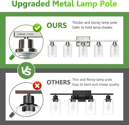 Ascher 5-Light Bathroom Light Fixtures, Modern Brushed Nickel Vanity Lights Over Mirror, Wall Lights with Clear Glass Shades for Hallway, Cabinet, Porch, Bedroom