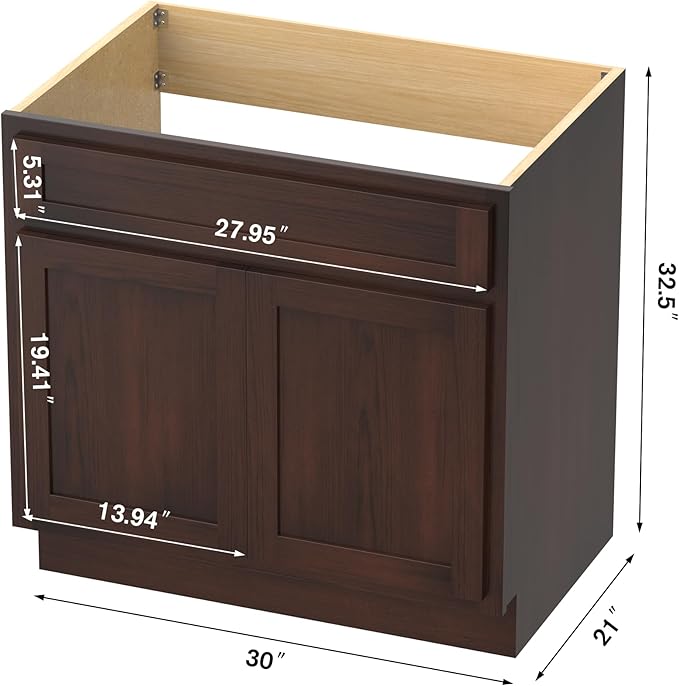 Vanity Art 30 Inch Double Shutter Door Bathroom Vanity Base Cabinet with Soft Closing Shaker Drawer, Strudy Floor Mount Storage Cabinet Organizer for Bedroom, Living Room, Kitchen, VA4030-B