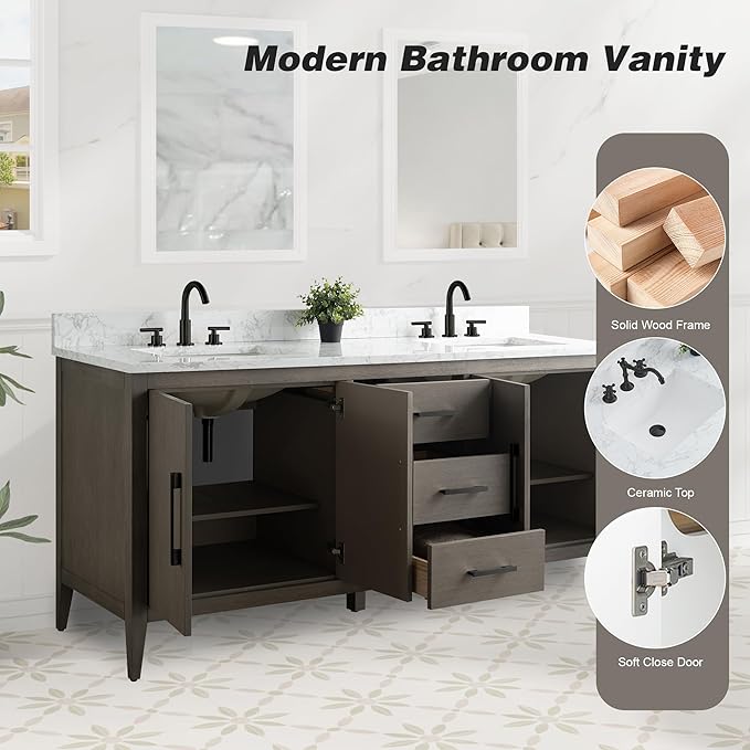 HomeBeyond 72 Inch Bathroom Vanity with Sink & Ceramic Top, Double Vanity Cabinet with Basin, Soft-Closing Doors & Matte Black Hardware, Driftwood Gray