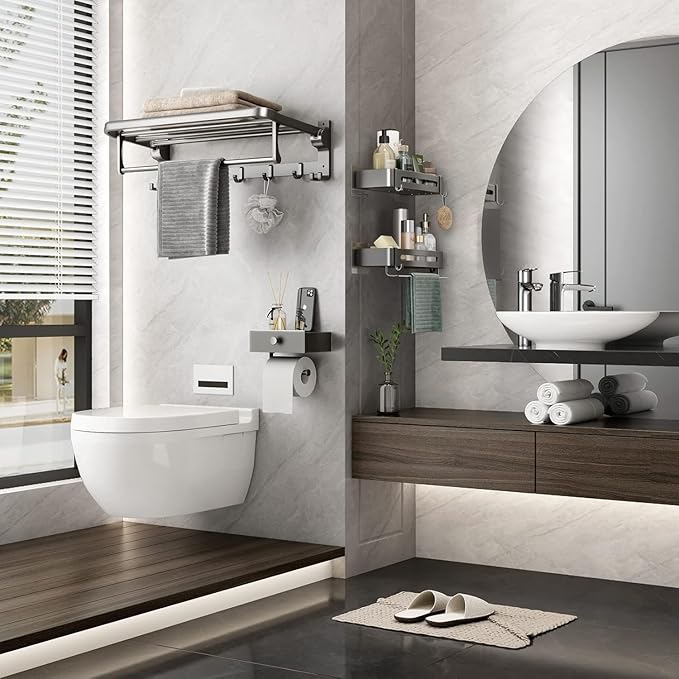 Bathroom Towel Rack with Towel Bar and Hooks 23.6 in Foldable Towel Shelf Wall Mounted Lavatory Towel Organizer Modern Gray Finish
